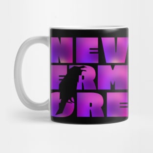 NEVERMORE in large psychedelic purple block letters + raven cut-out - famous Edgar Allan Poe quote Mug